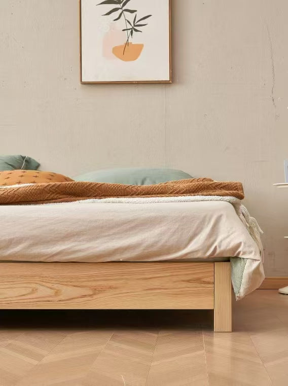 ANJU Ash Veneer Low Tatami Bed Frame with Square Wooden Legs, Headboardless, Super Single to King