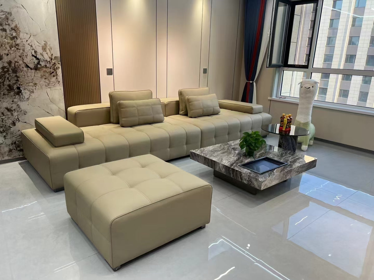 ANJU Premium Grid-Tufted Modular Sofa with Down Back Cushions, Faux or Top-Grain Leather, 252–420 cm