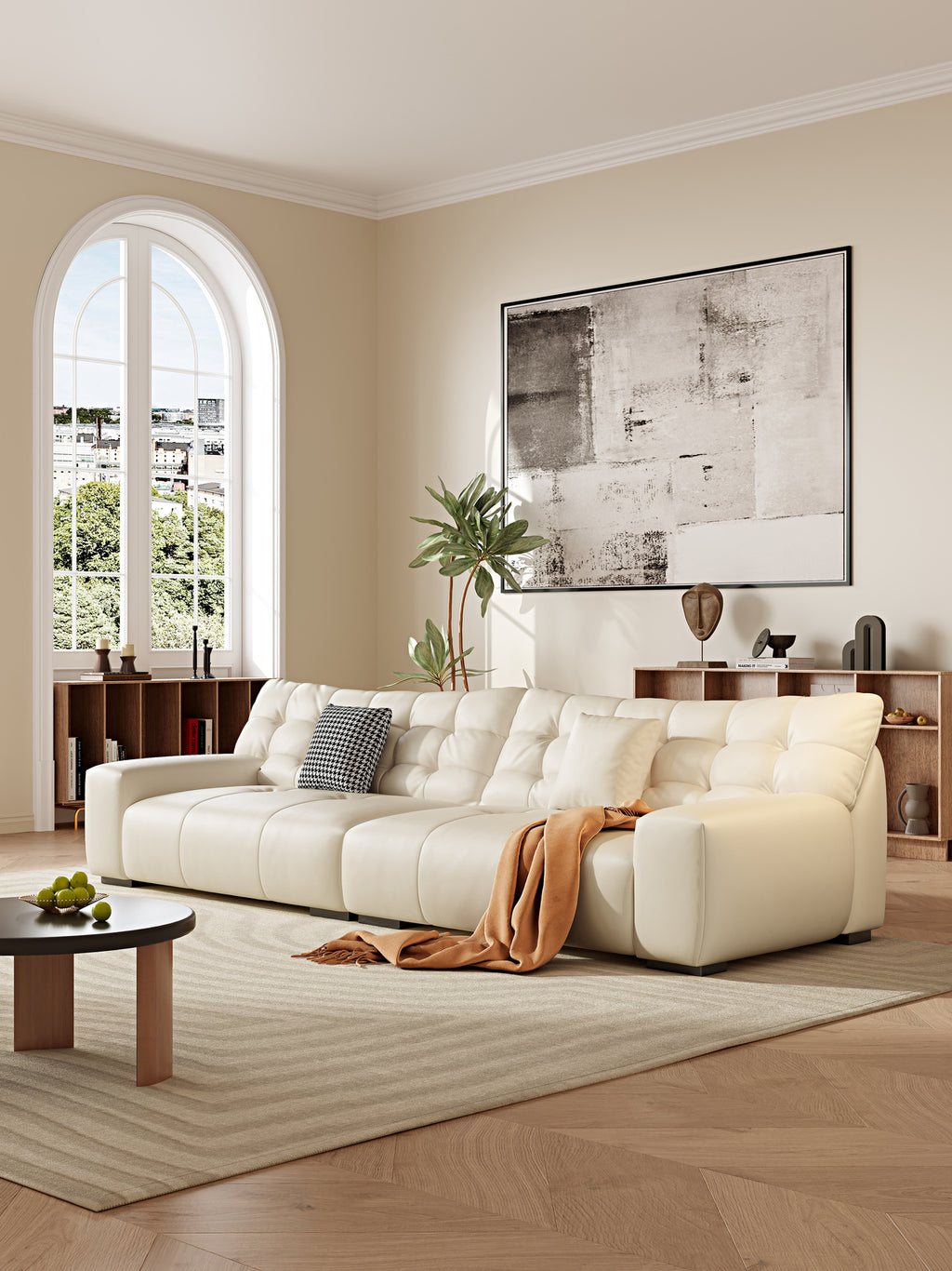 ANJU Biscuit-Tufted Plush Sofa, Faux or Top-Grain Leather, 130–400 cm