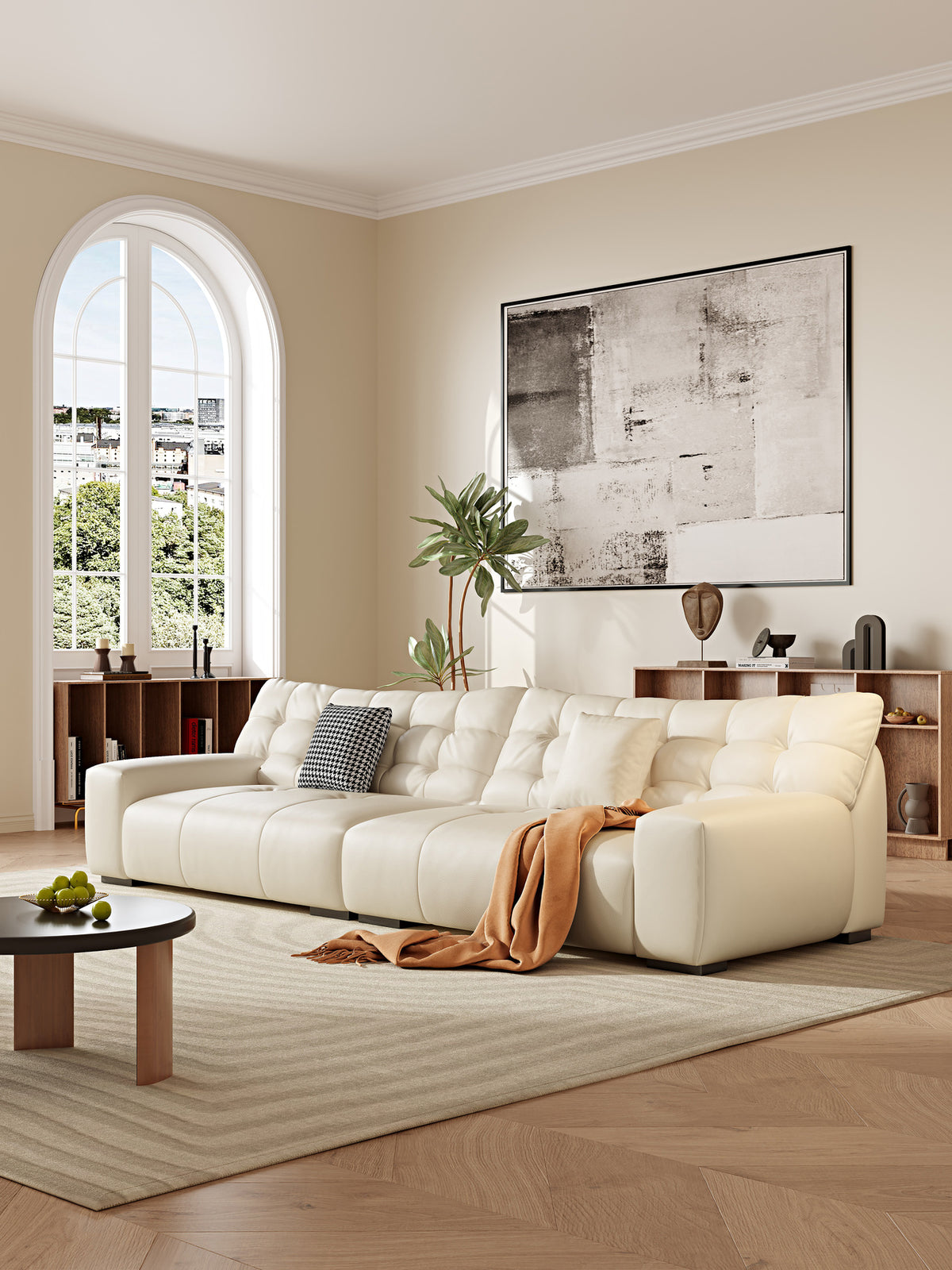 ANJU Biscuit-Tufted Plush Sofa, Faux or Top-Grain Leather, 130–400 cm
