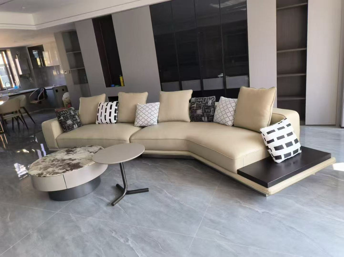 ANJU Curved Corner Faux Leather Sofa with Attached Side Table, 370 cm