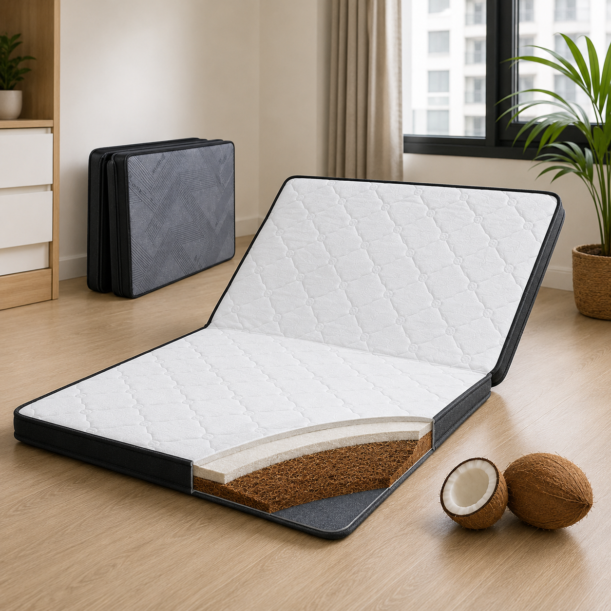 ANJU 8cm Foldable Mattress with Coconut Coir Layer for Compact Homes